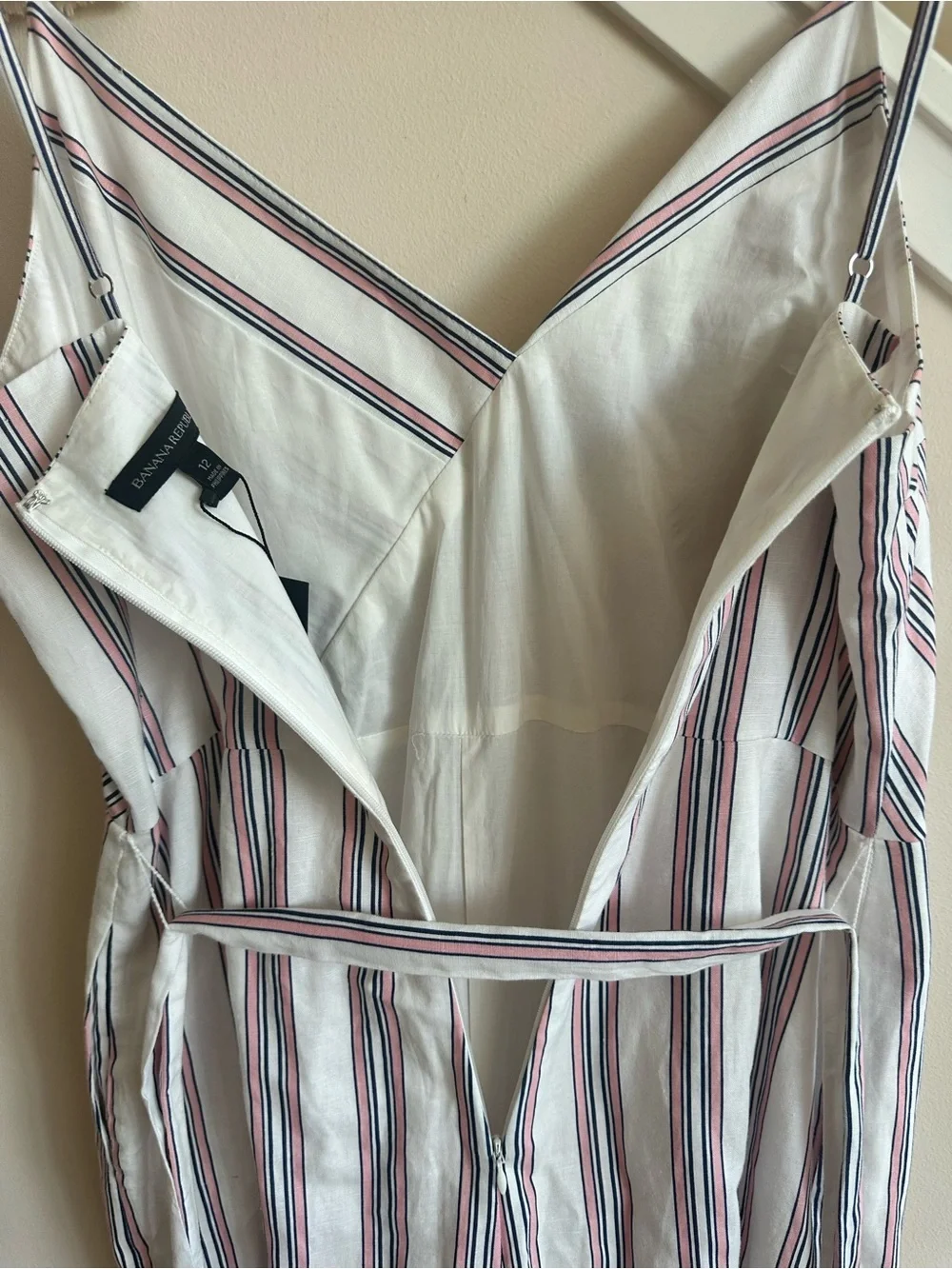 Banana Republic White Wide Leg Linen Jumpsuit with Pink & Navy Stripes Sz 12 NWT